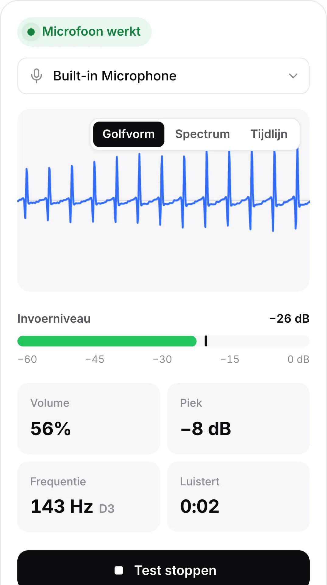 De microfoontest op een telefoon met een bewegende golfvorm, een invoerniveau van −25 dB en de groene status “Microfoon werkt”