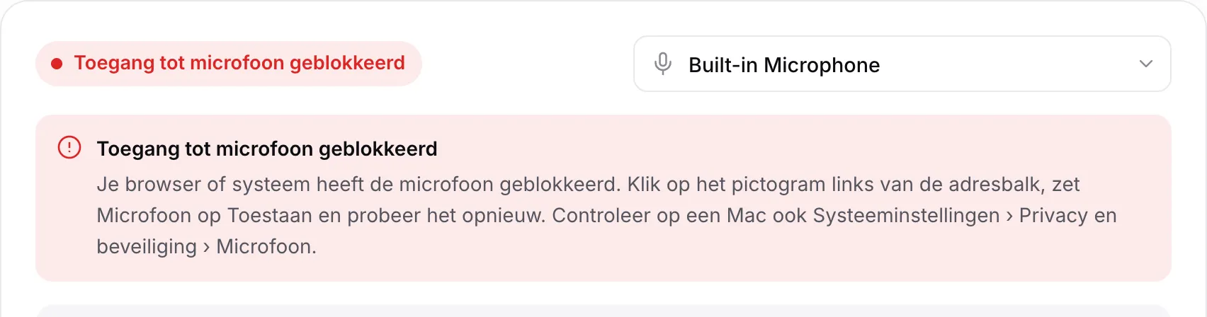 De tuner met de rode melding “Toegang tot microfoon geblokkeerd” en instructies