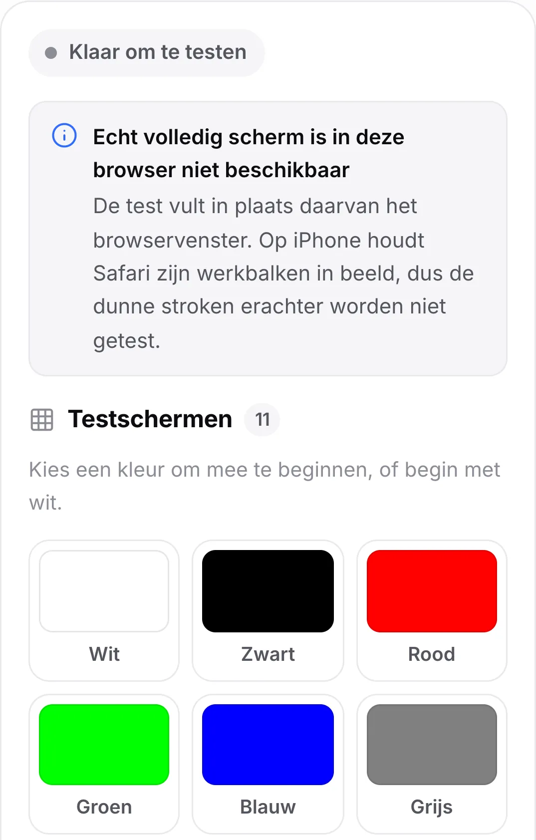De dode-pixeltest op een iPhone met de melding “Echt volledig scherm is in deze browser niet beschikbaar” boven de kleurvlakken