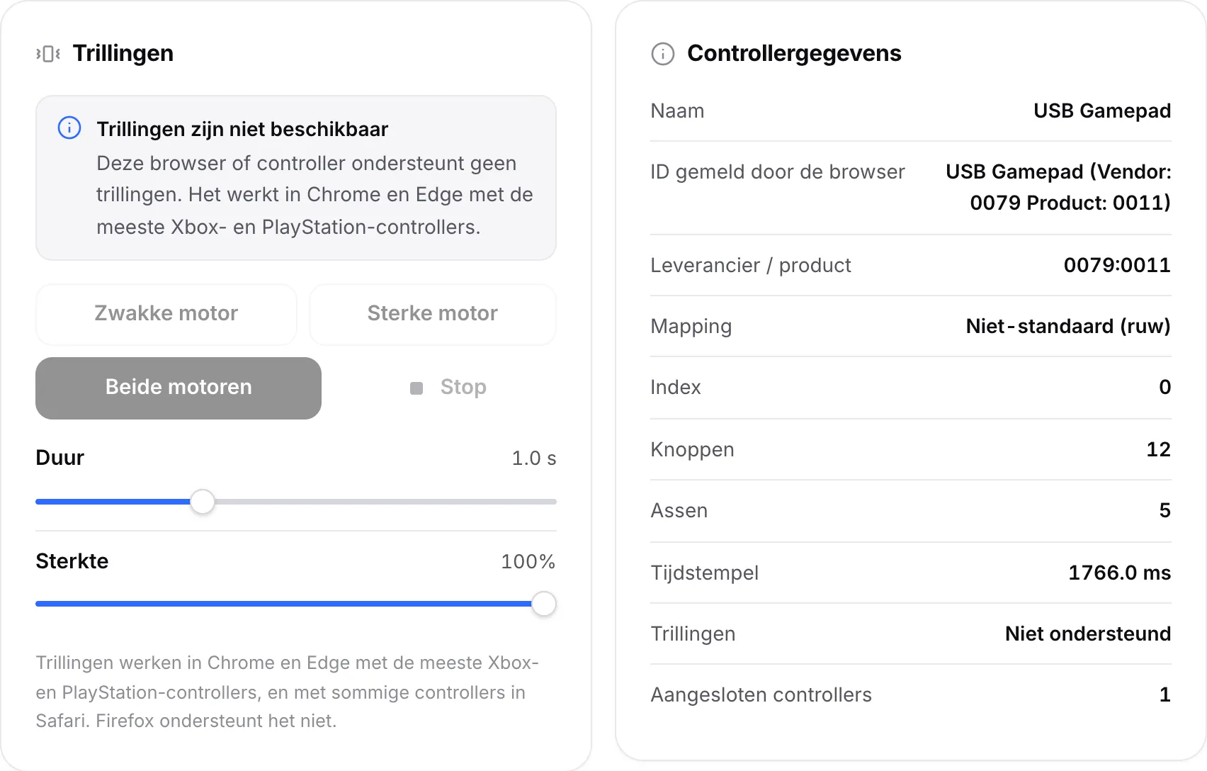 Het paneel Trillingen met de melding “Trillingen zijn niet beschikbaar” en uitgeschakelde motorknoppen; Controllergegevens toont Trillingen: Niet ondersteund