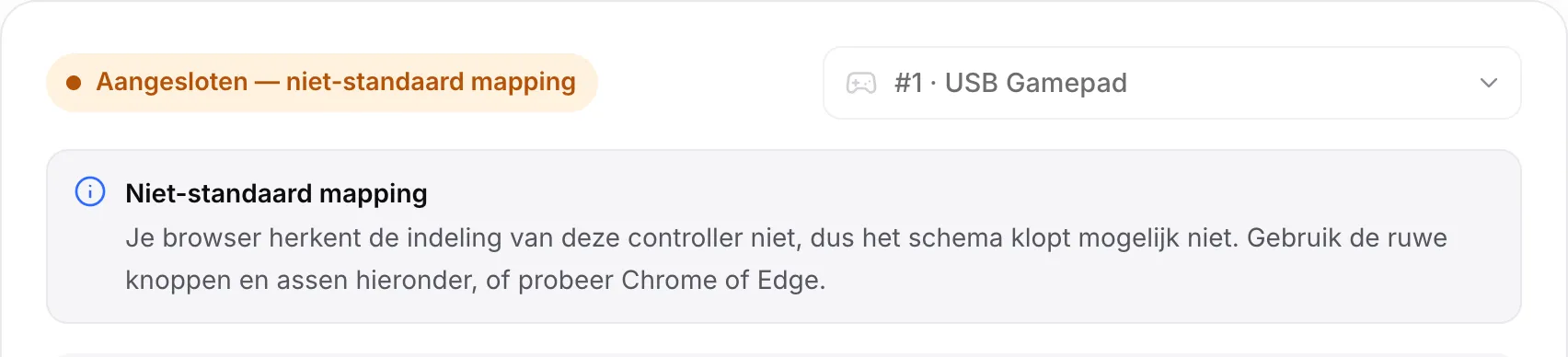 De tester toont een USB Gamepad met de oranje status “Aangesloten — niet-standaard mapping” en een melding om de ruwe waarden te gebruiken