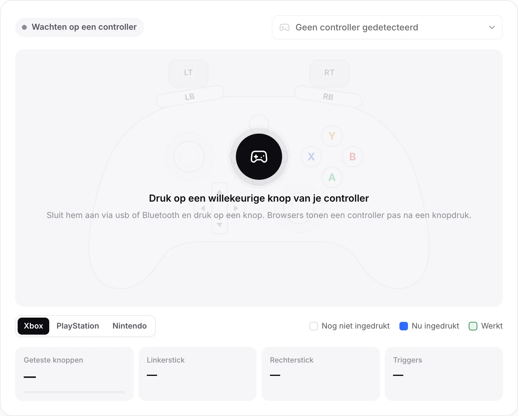 De gamepadtester die op een controller wacht, met de melding “Druk op een willekeurige knop van je controller”