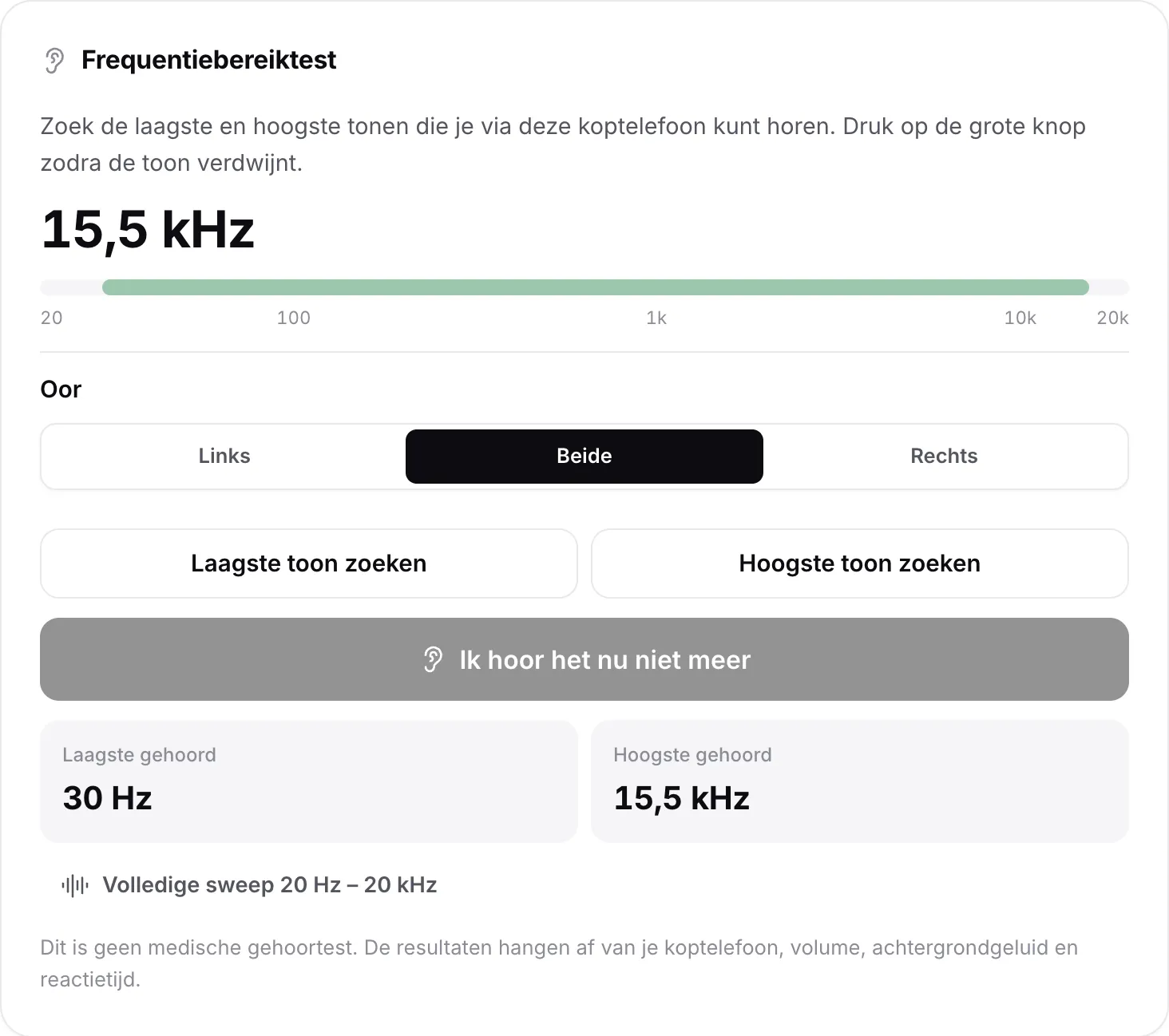 De frequentiebereiktest met resultaten: laagste toon gehoord 30 Hz, hoogste 15,6 kHz, weergegeven als een groene balk op de schaal
