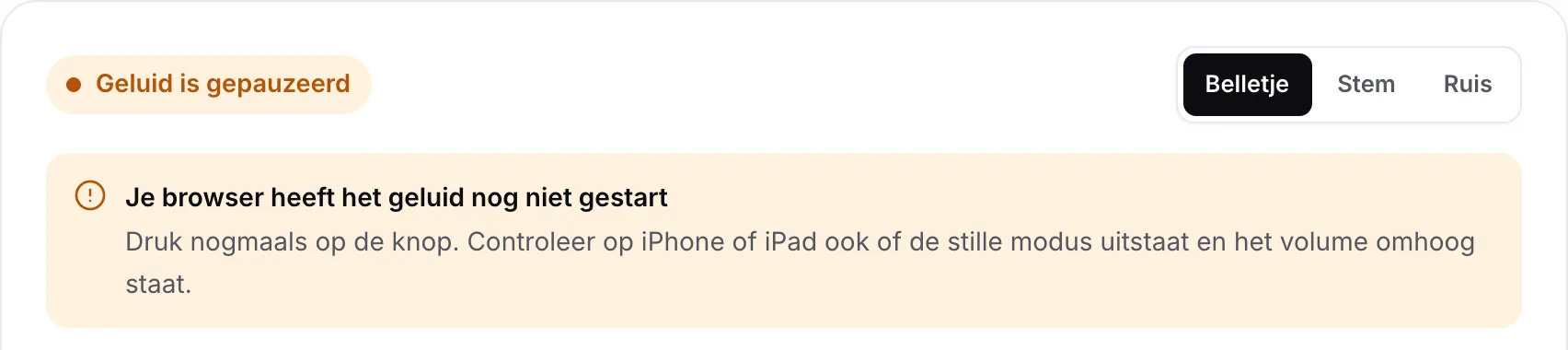 De koptelefoontest met de oranje status “Geluid is gepauzeerd” en de melding “Je browser heeft het geluid nog niet gestart”