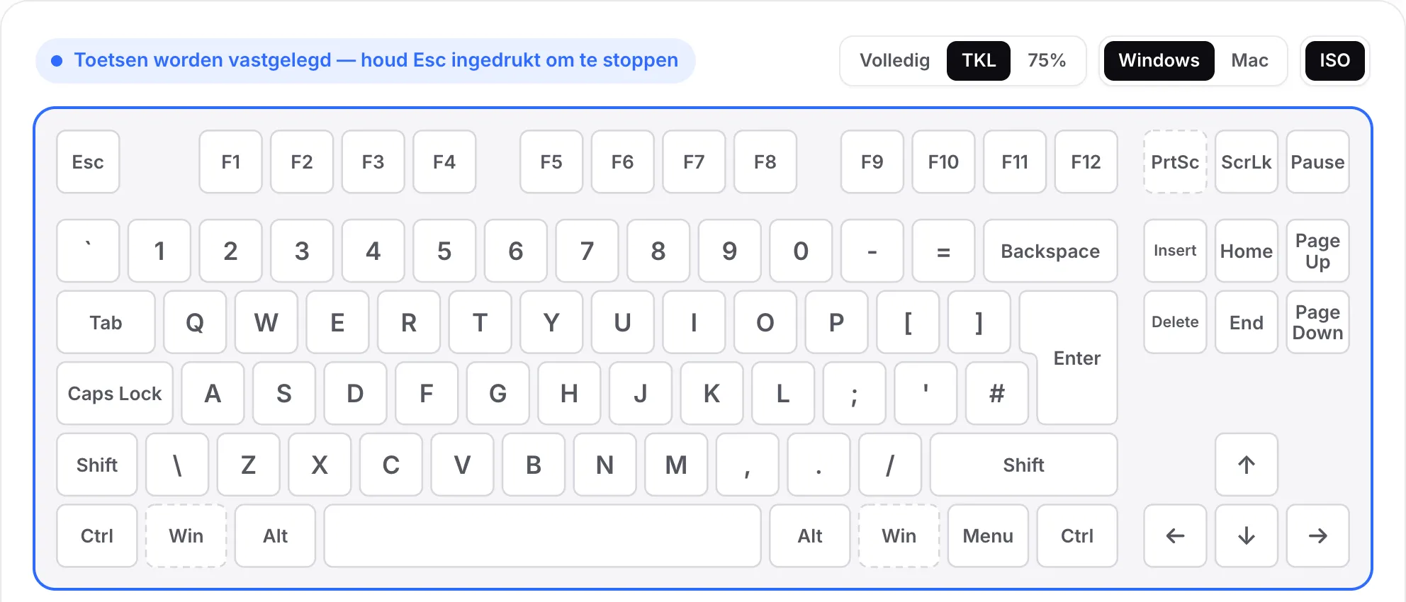 De TKL-indeling met ISO ingeschakeld: een hoge Enter-toets en een extra toets naast de linker Shift, geen numeriek blok