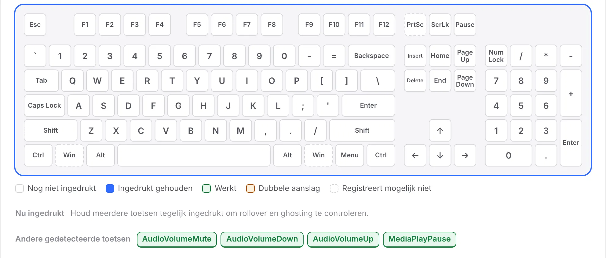 De F-rij nog wit terwijl AudioVolumeMute, AudioVolumeDown, AudioVolumeUp en MediaPlayPause onder Andere gedetecteerde toetsen staan