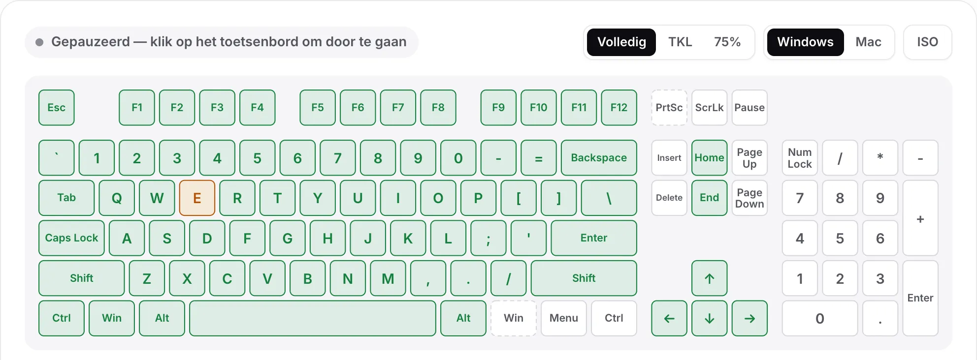 De toetsenbordtest gepauzeerd, met de grijze status “Gepauzeerd — klik op het toetsenbord om door te gaan”