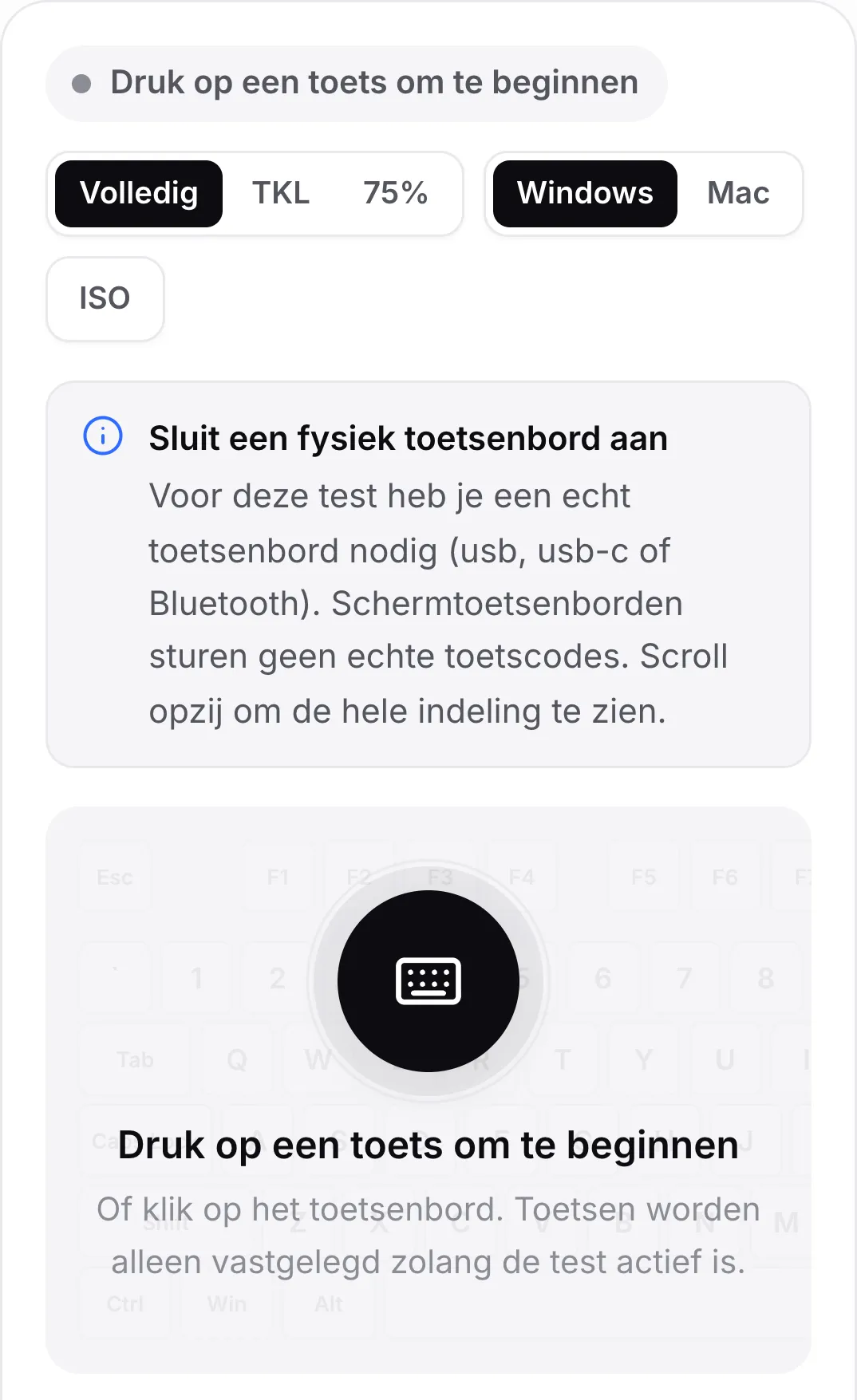 De toetsenbordtest op een telefoon met de melding “Sluit een fysiek toetsenbord aan”