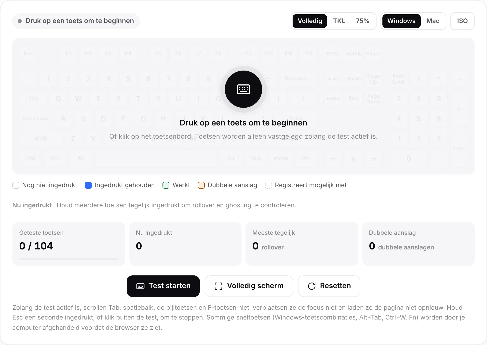De toetsenbordtest vóór het starten, met de melding “Druk op een toets om te beginnen” boven een vervaagd toetsenbord
