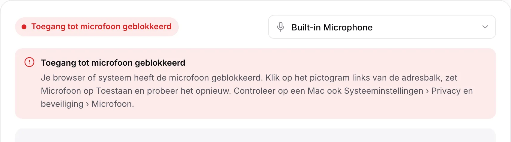De microfoontest met de rode melding “Toegang tot microfoon geblokkeerd” en instructies