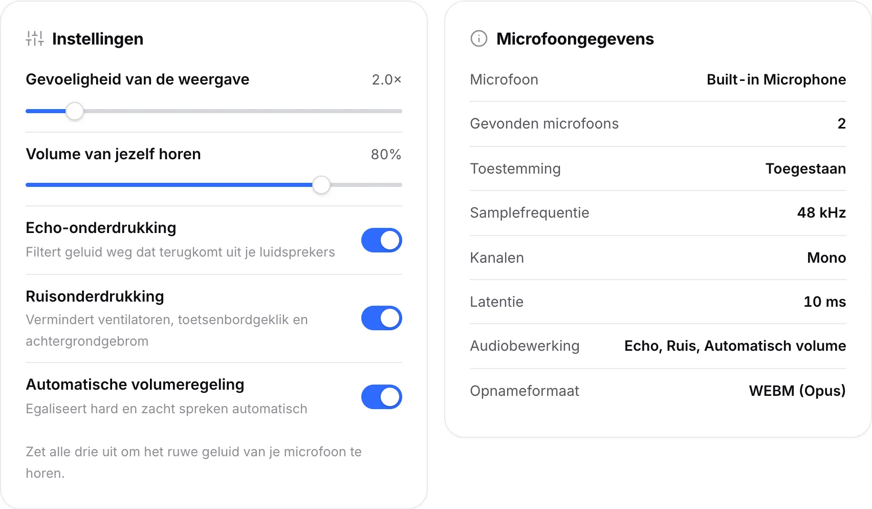 Het paneel Instellingen met de schakelaars voor audiobewerking naast het paneel Microfoongegevens