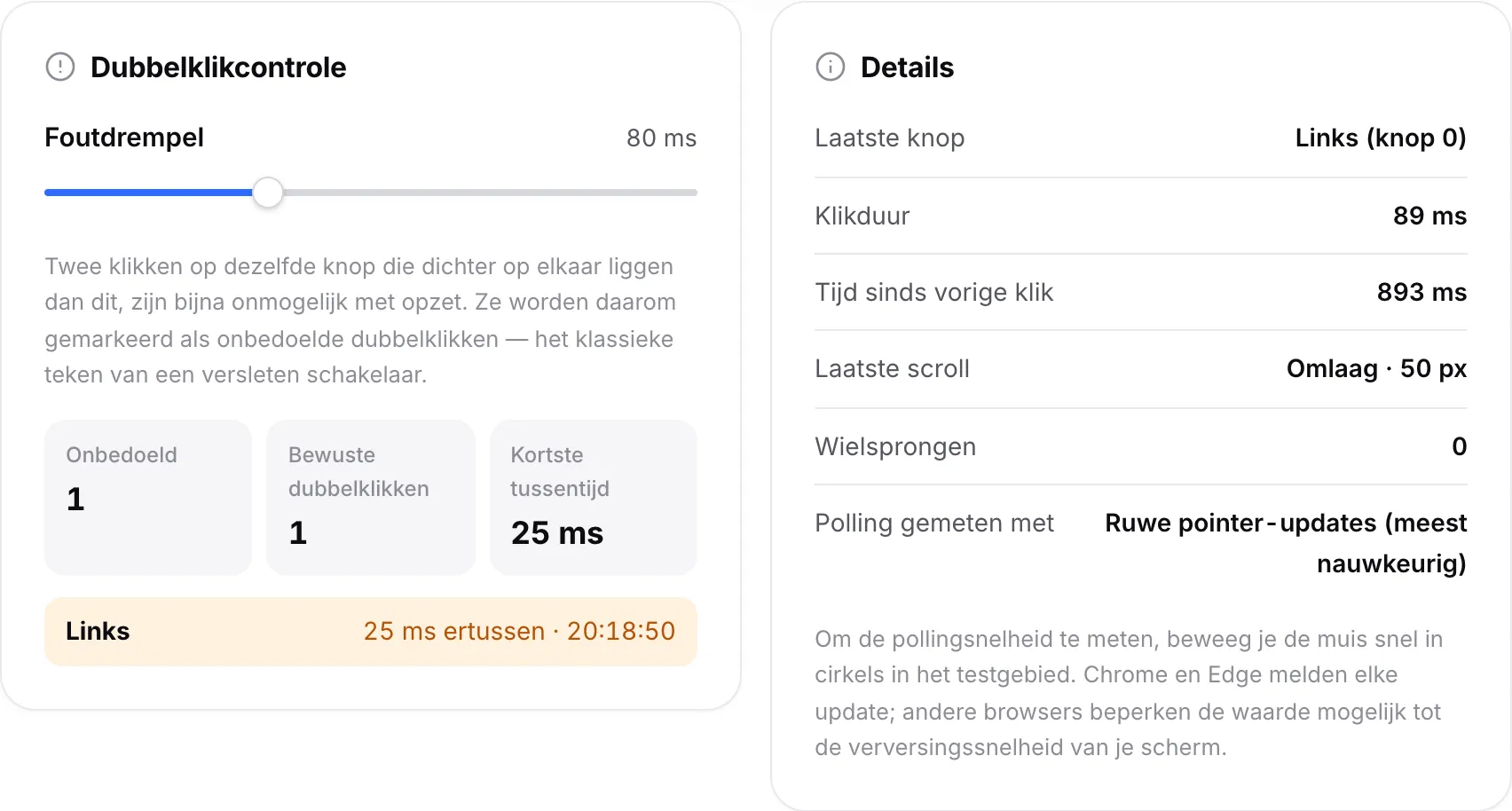 Het paneel Dubbelklikcontrole met een onbedoelde dubbelklik op de linkerknop en een bewuste dubbelklik, naast het paneel Details