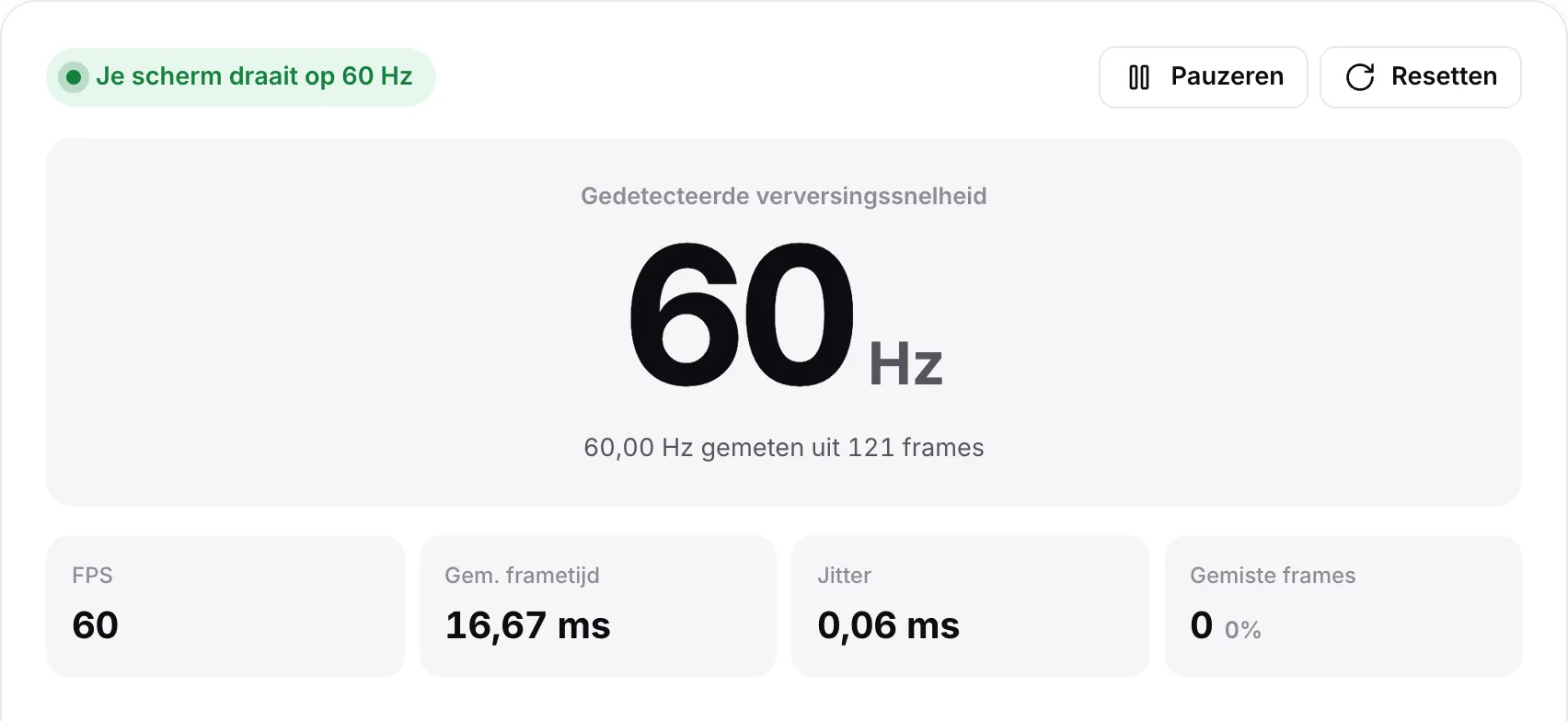 Het resultaat “Je scherm draait op 60 Hz”: 60 Hz in grote letters, 60 FPS, 16,67 ms gemiddelde frametijd, jitter onder 0,1 ms en geen gemiste frames