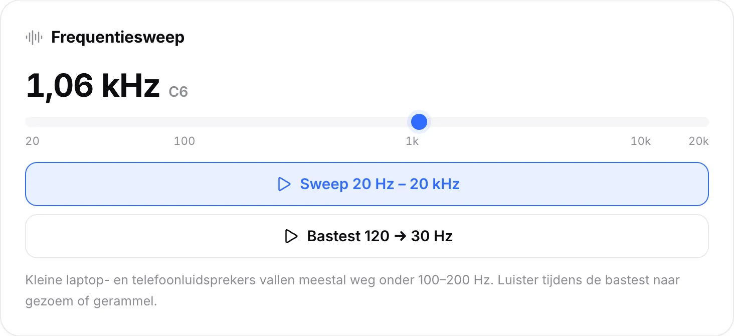 De frequentiesweep speelt af op 1,06 kHz (noot C6), met de markering net voorbij 1k op de schaal