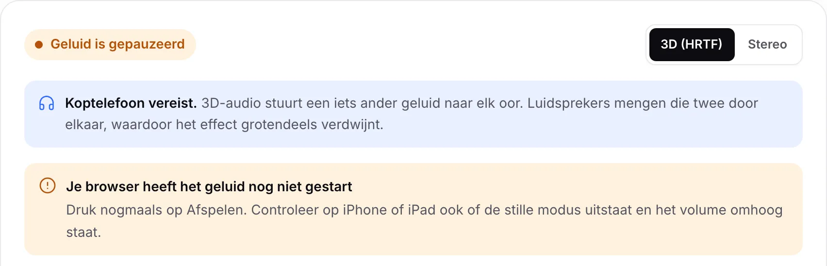 De 3D-audiotest met de oranje status “Geluid is gepauzeerd” en de melding “Je browser heeft het geluid nog niet gestart”
