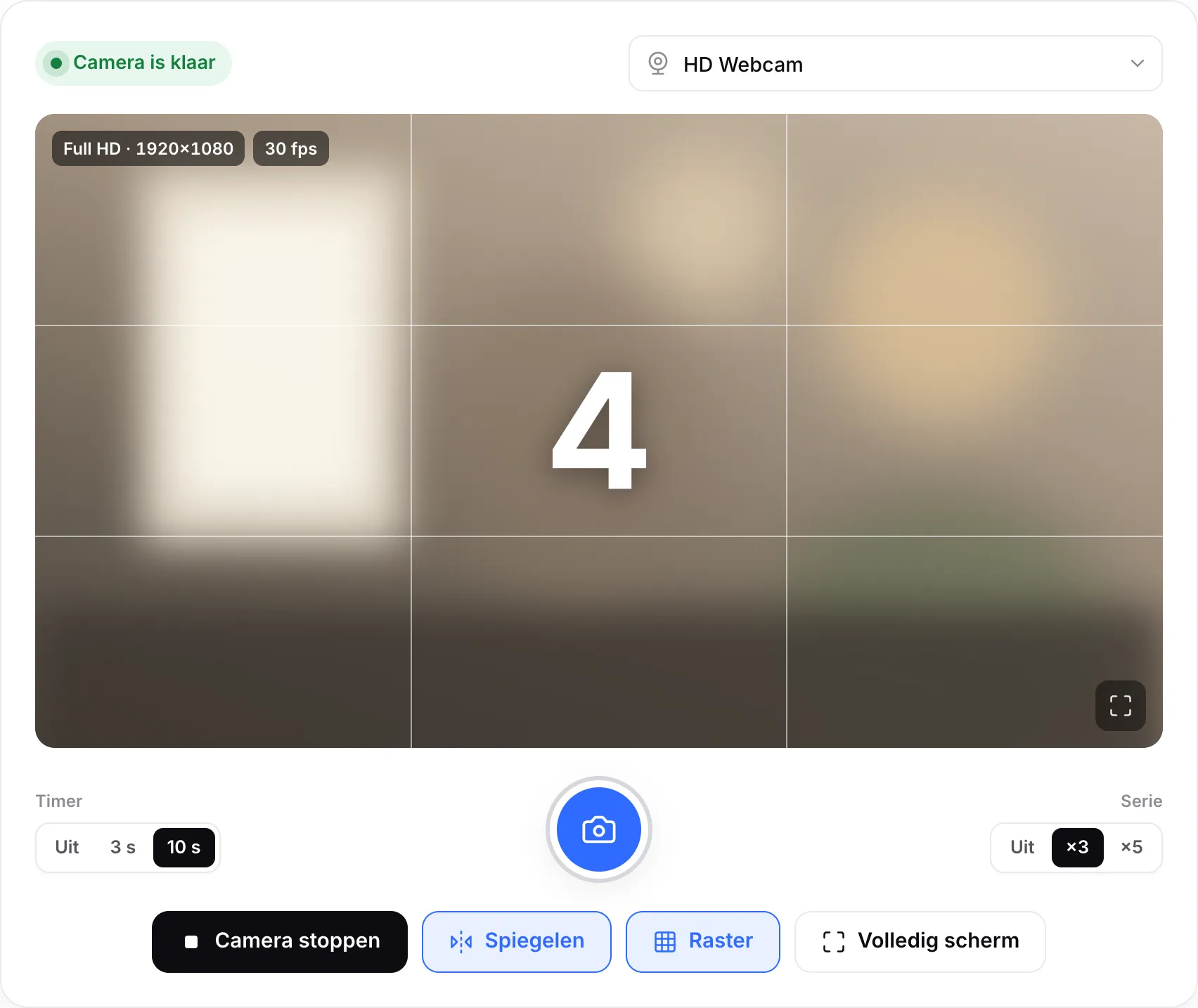 Een aftelling van 10 seconden op het live beeld, die 4 toont, met de sluiterknop gemarkeerd
