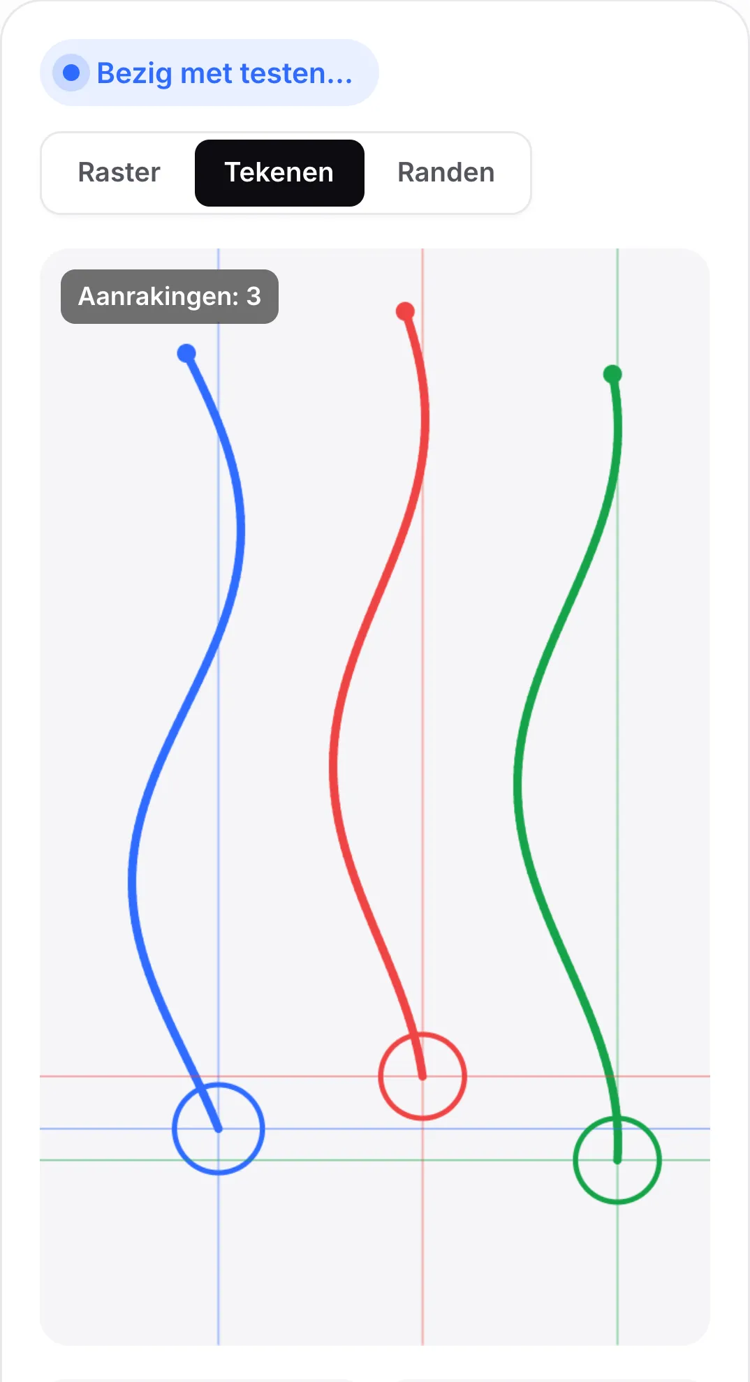 De tekenmodus met drie vloeiende golvende lijnen in blauw, rood en groen, een per vinger, elk eindigend in een ring onder de vinger