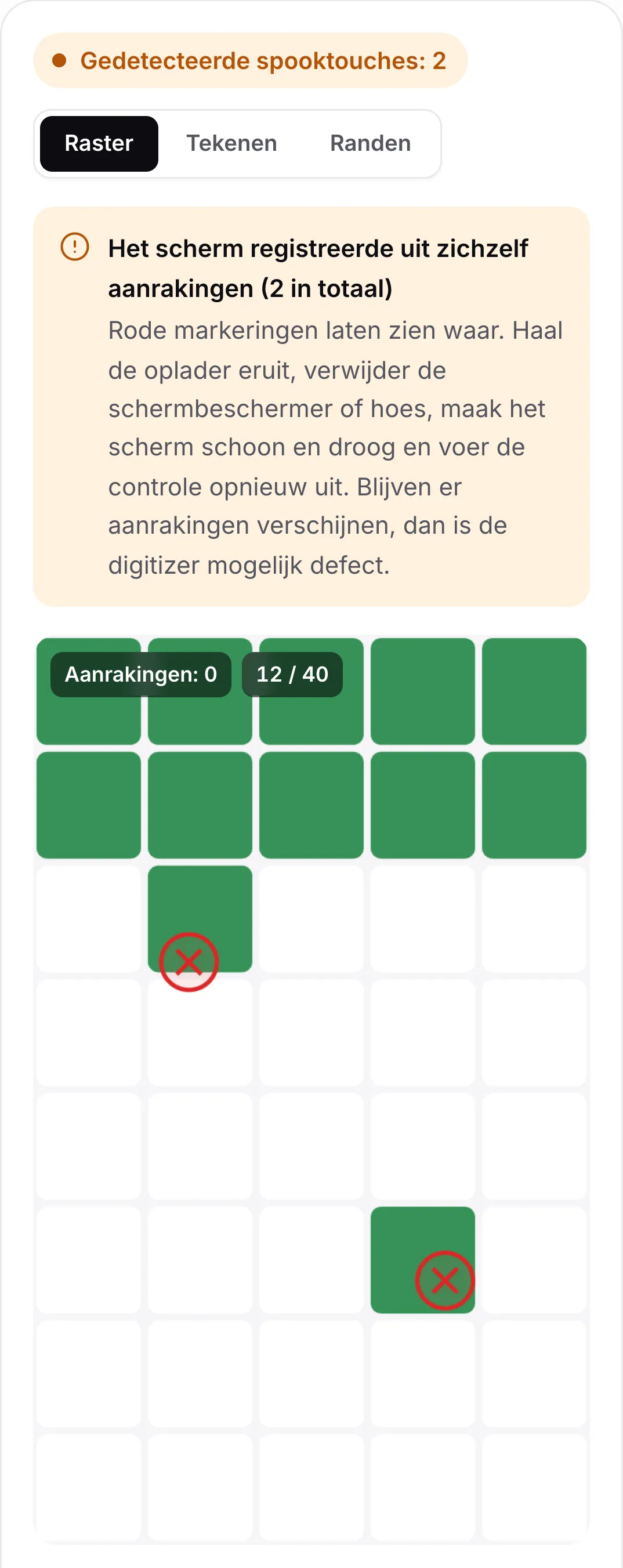 Resultaat van de spooktouch-controle: de oranje status “Gedetecteerde spooktouches: 2”, het advies de oplader eruit te halen en het scherm schoon te maken, en twee rode markeringen op het raster