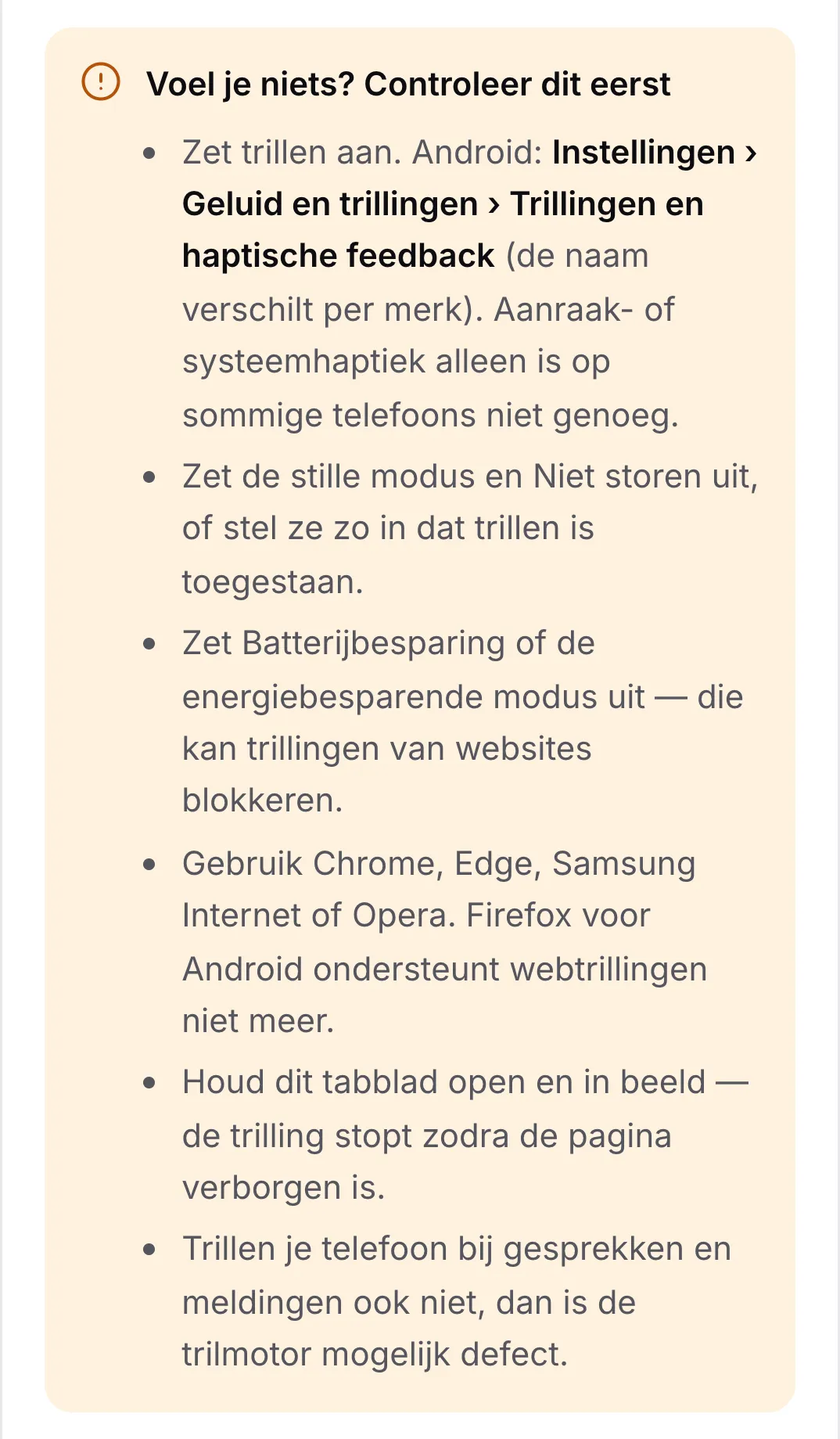 De checklist “Voel je niets? Controleer dit eerst” met zes tips, beginnend met trillen aanzetten in de Android-instellingen