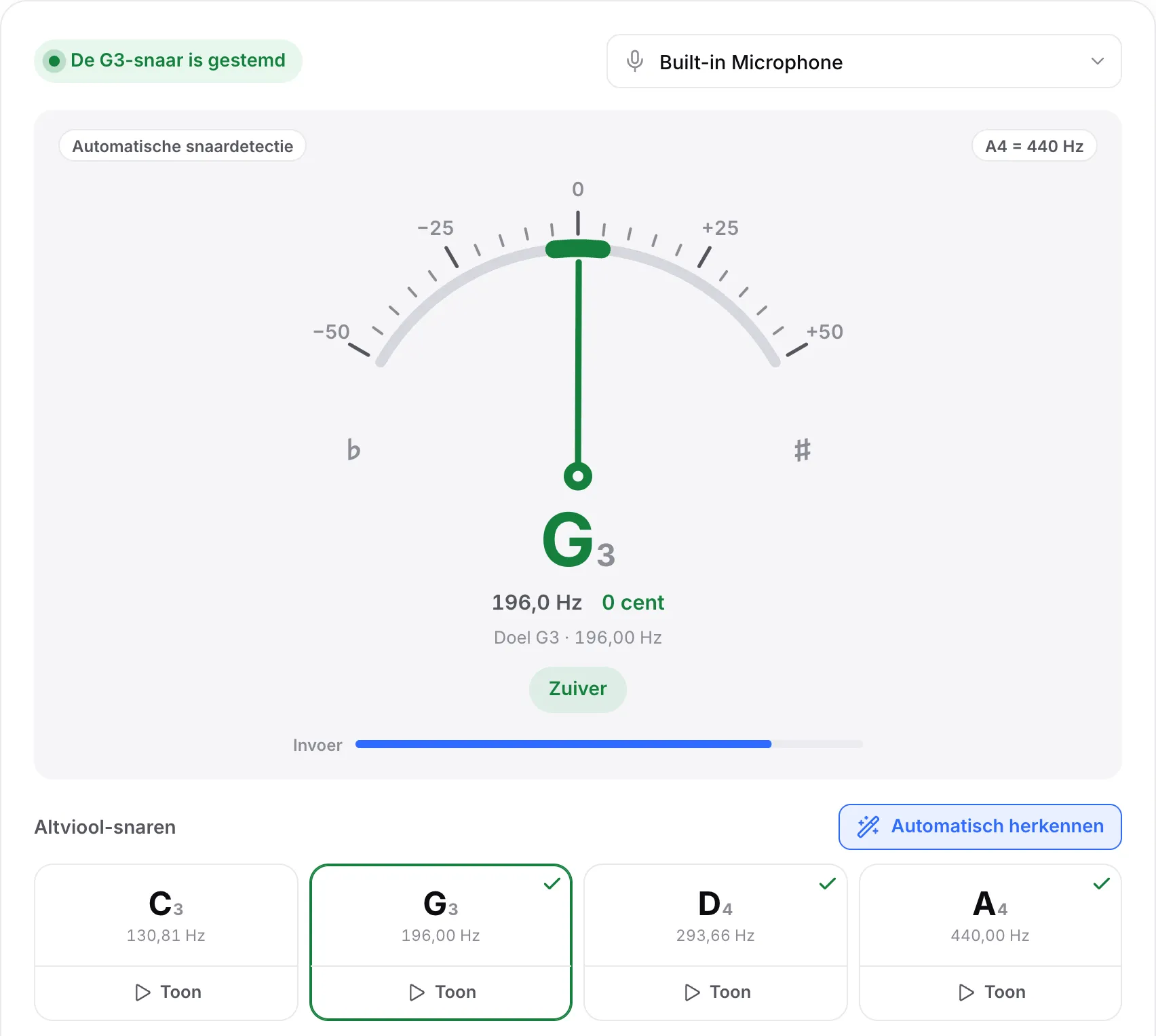 De G-snaar gestemd: een groene naald op 0 cent, de status “De G3-snaar is gestemd” en vinkjes op de G-, D- en A-snaar