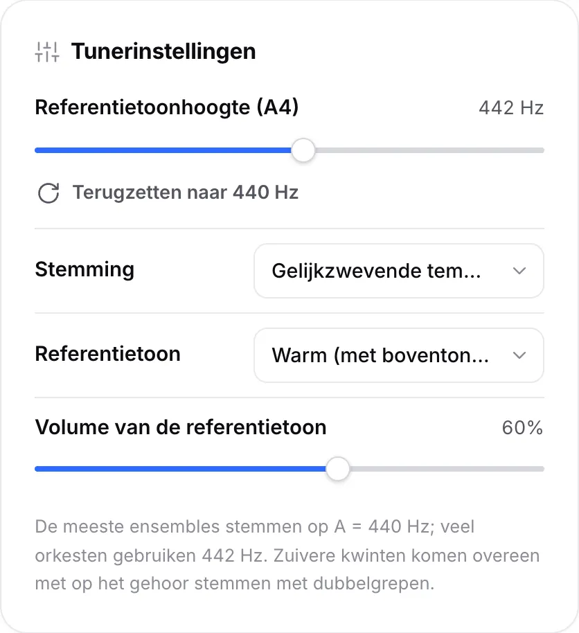 Tunerinstellingen met de schuifregelaar voor de referentietoonhoogte (A4) op 442 Hz, het menu Stemming en de opties voor de referentietoon