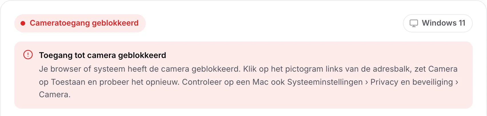 De webcamdriver-zoeker met de rode melding “Toegang tot camera geblokkeerd” en instructies