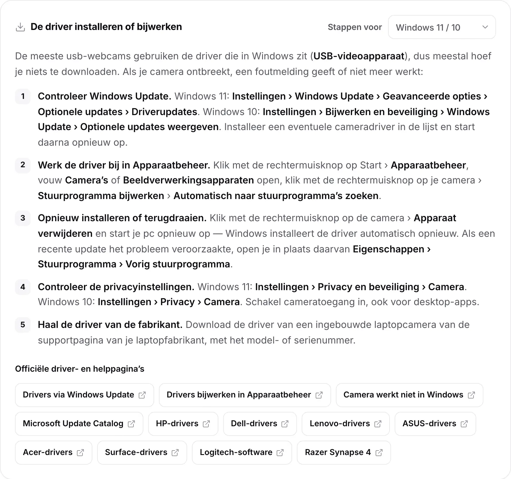 De kaart De driver installeren of bijwerken met de stappen voor Windows 11 / 10 en links naar officiële driver- en helppagina’s