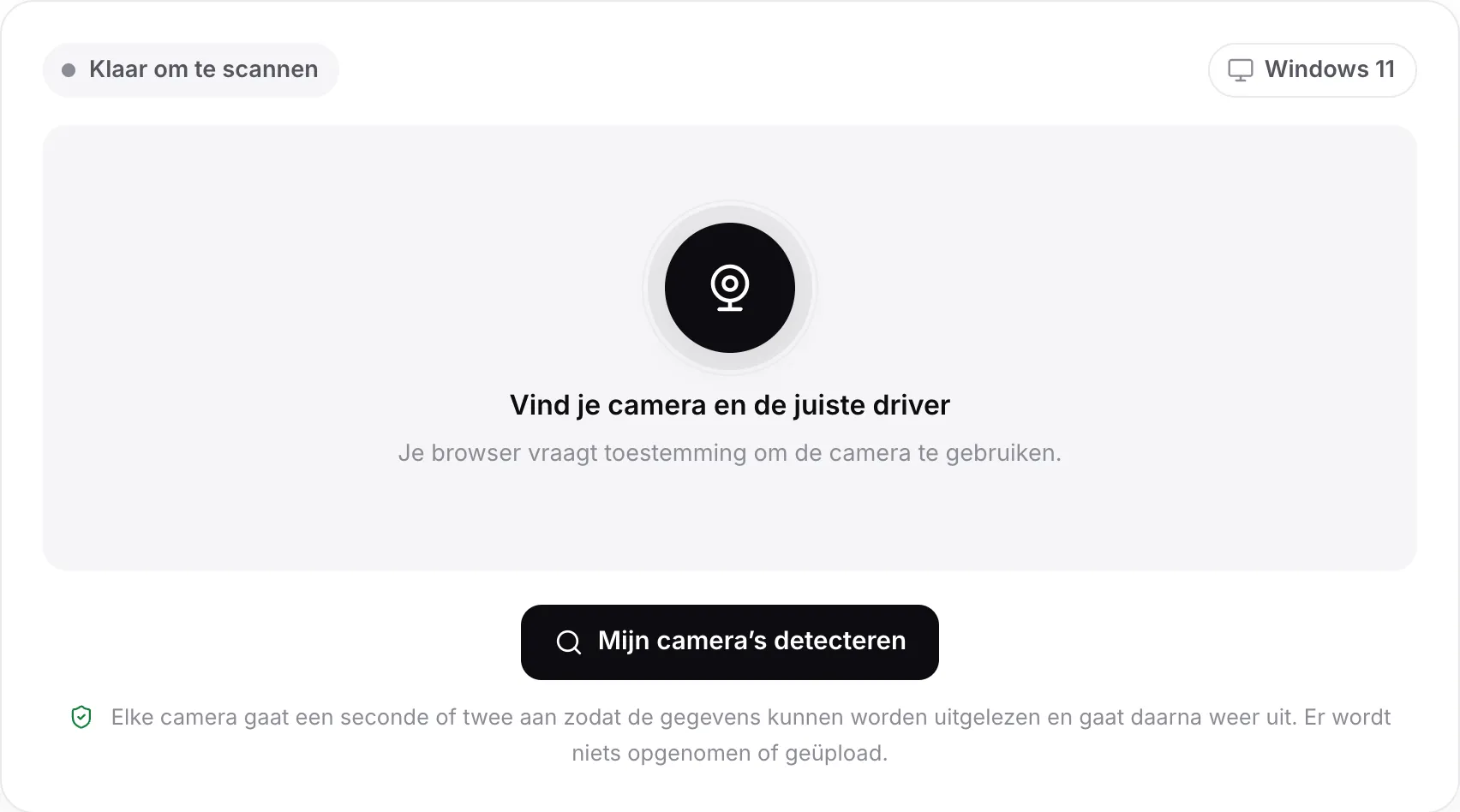 De webcamdriver-zoeker vóór een scan, met de knop Mijn camera’s detecteren en het gedetecteerde systeem, Windows 11