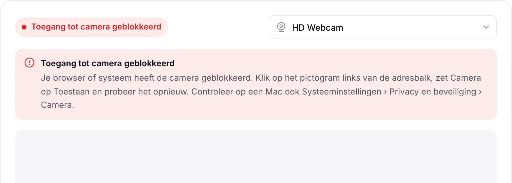 De webcamspiegel met de rode melding “Toegang tot camera geblokkeerd” en instructies