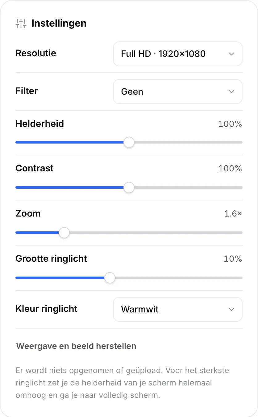 Spiegelinstellingen met helderheid, contrast, zoom op 1,6×, grootte ringlicht 10% en kleur ringlicht Warmwit