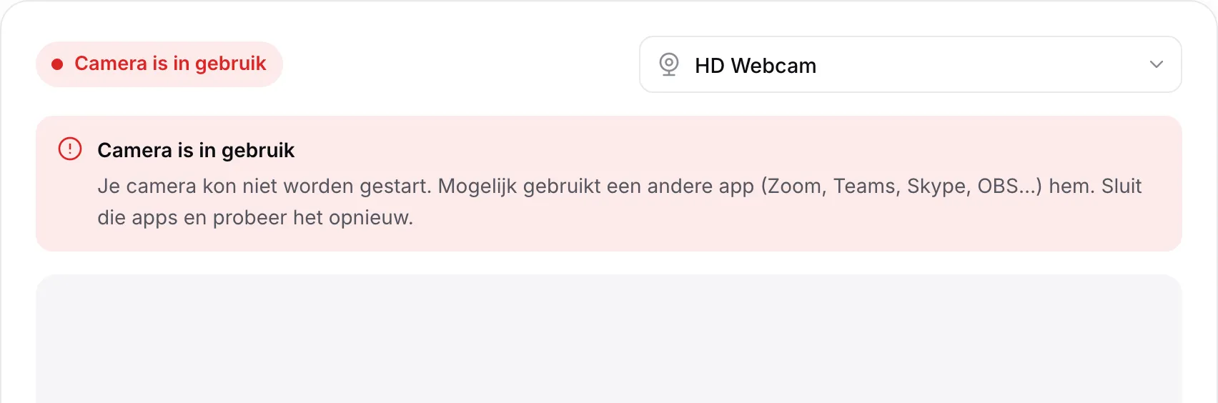 De webcamtest met de rode melding “Camera is in gebruik”