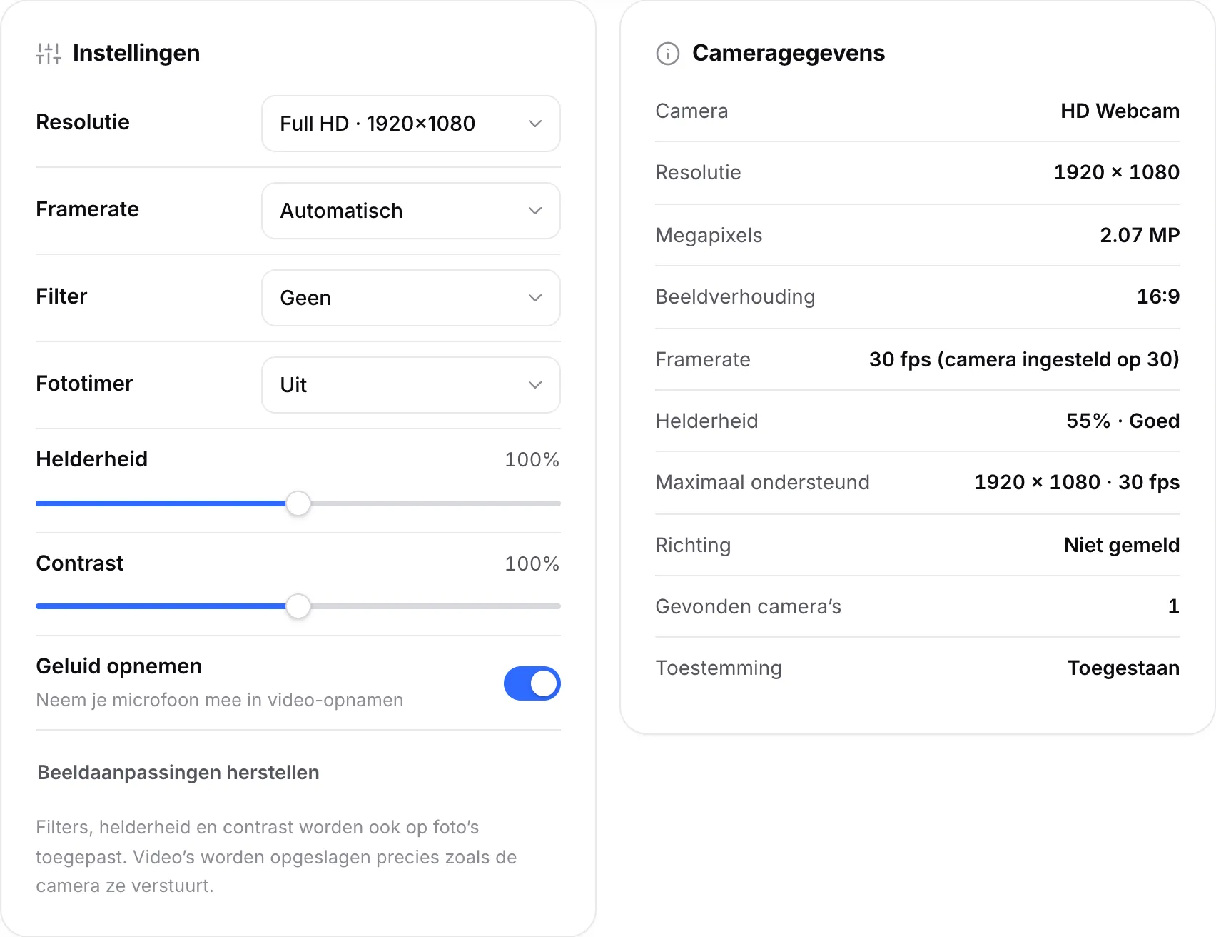 Instellingen met de resolutie op Full HD naast Cameragegevens met 1920 × 1080, 30 fps en helderheid 55% · Goed