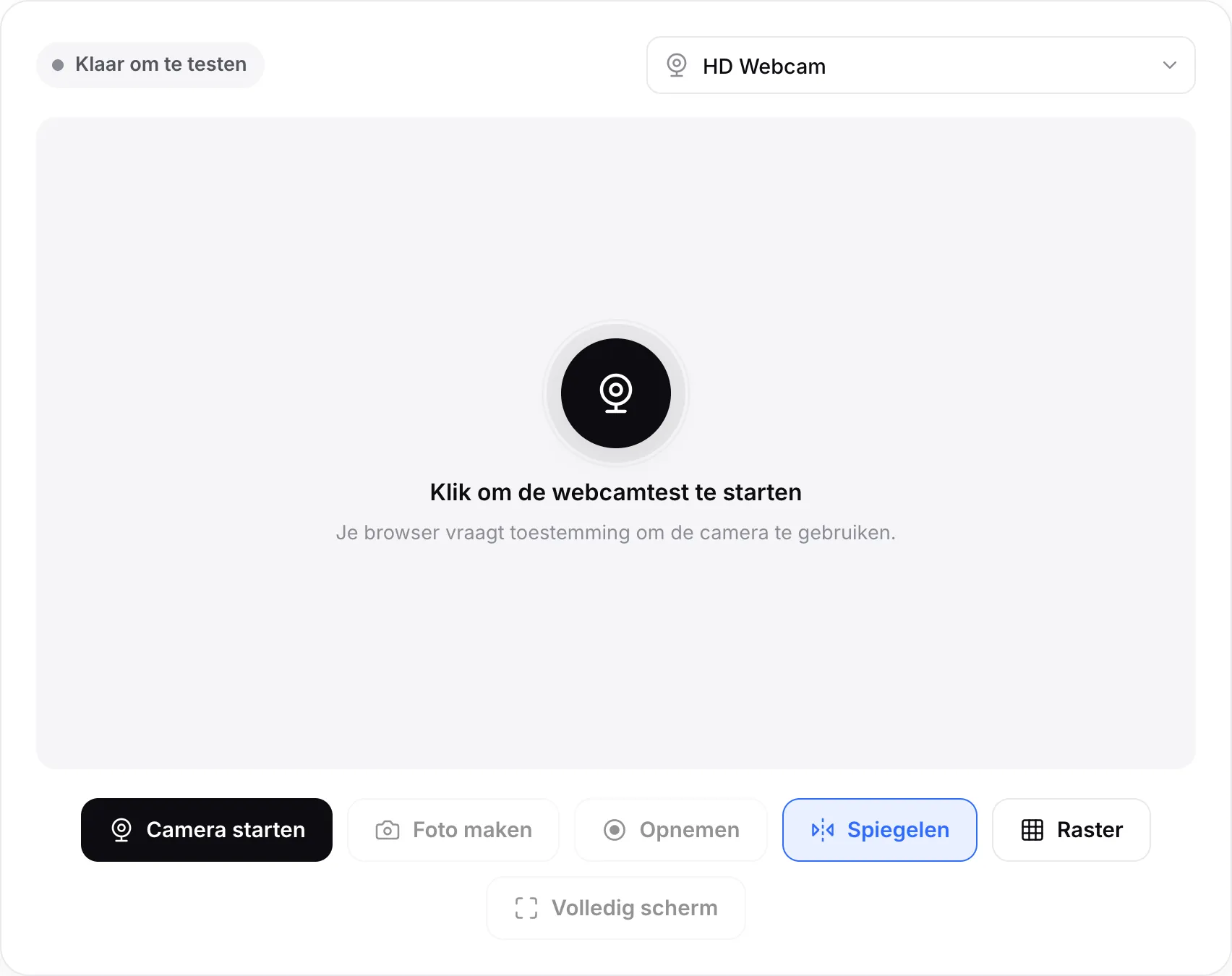 De webcamtest vóór het starten, met de knop Camera starten en het cameramenu