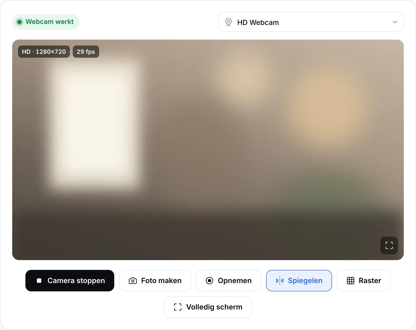 Een werkende webcam: live beeld met de labels HD · 1280×720 en 30 fps en de groene status “Webcam werkt”