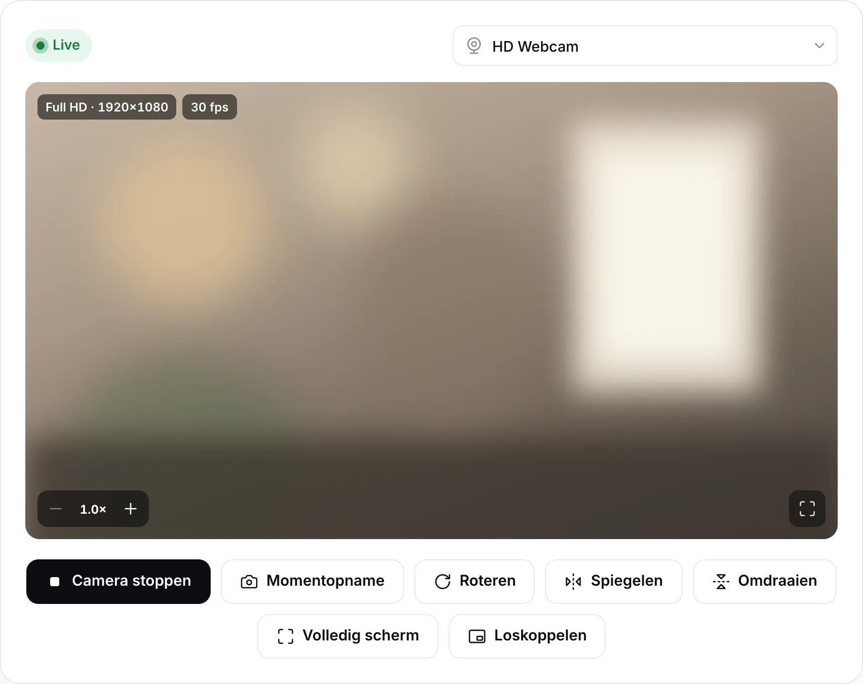 De webcamviewer met een live Full HD-beeld van 1920×1080 op 30 fps, met de knoppen Roteren, Spiegelen, Omdraaien en Loskoppelen