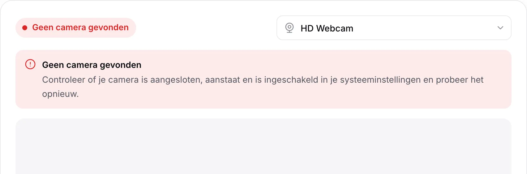 De webcamviewer met de rode melding “Geen camera gevonden”