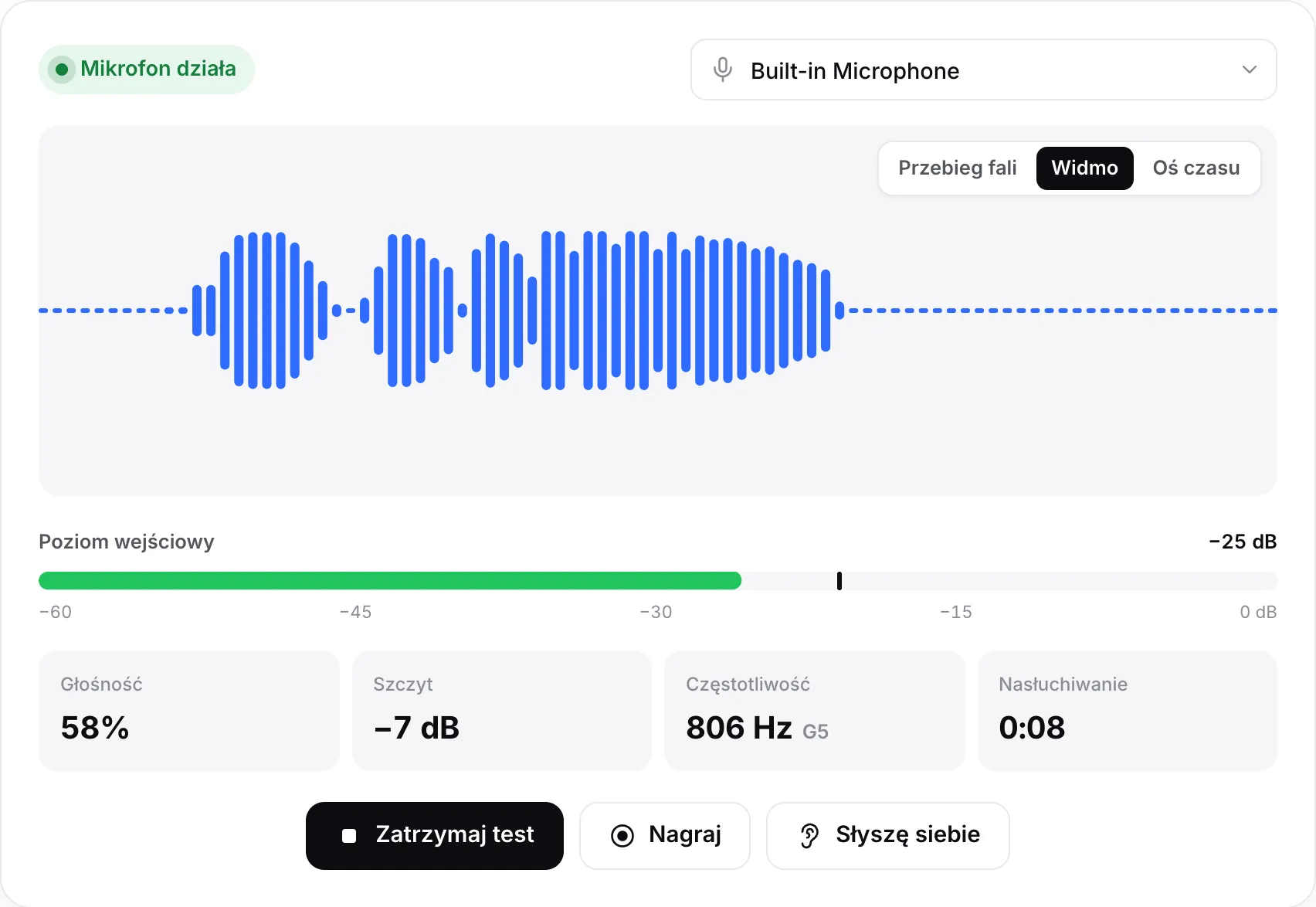 Test mikrofonu w widoku Widmo z poruszającymi się słupkami, poziomem wejściowym −23 dB i zielonym statusem „Mikrofon działa”