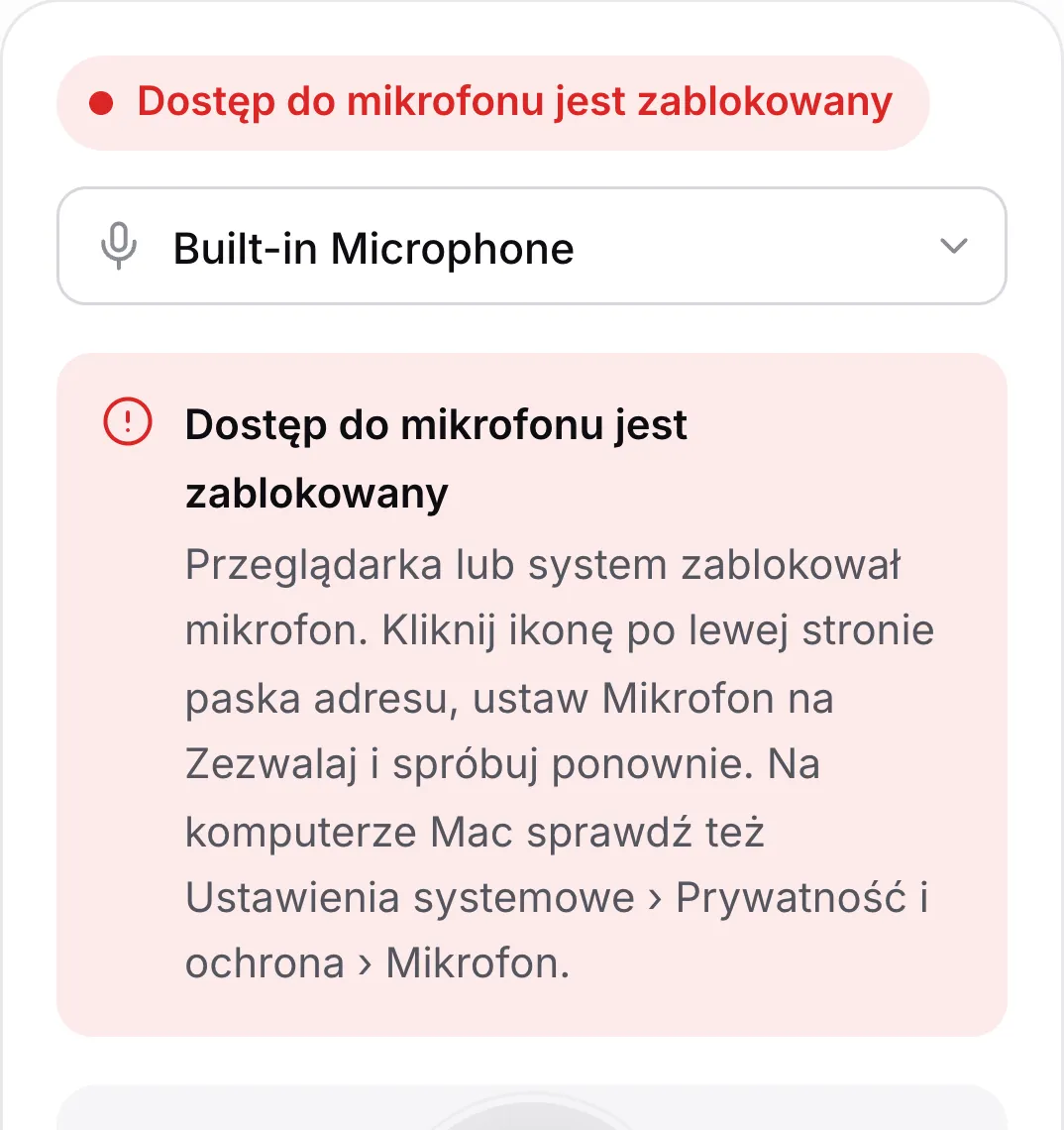 Test mikrofonu na telefonie z czerwonym komunikatem „Dostęp do mikrofonu jest zablokowany”