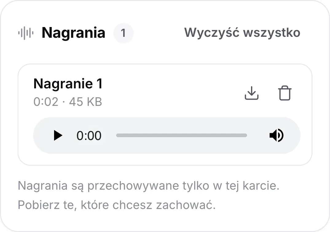 Nagranie na telefonie z jego długością, odtwarzaczem oraz przyciskami pobierania i usuwania