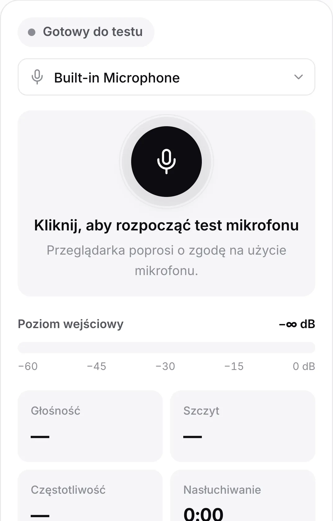 Test mikrofonu na telefonie przed startem, z dużym przyciskiem mikrofonu