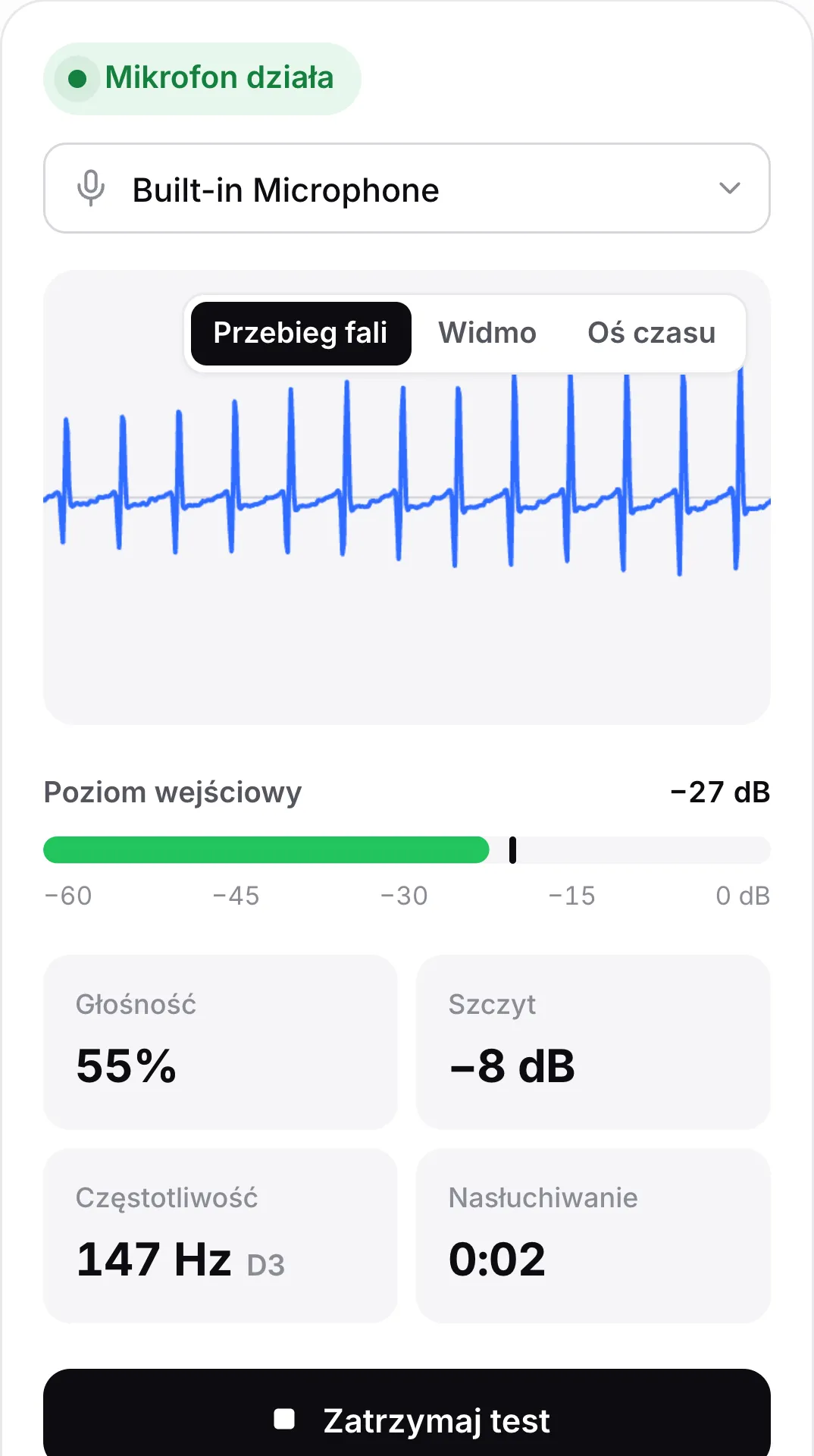 Test mikrofonu na telefonie z poruszającą się falą, poziomem wejściowym −25 dB i zielonym statusem „Mikrofon działa”