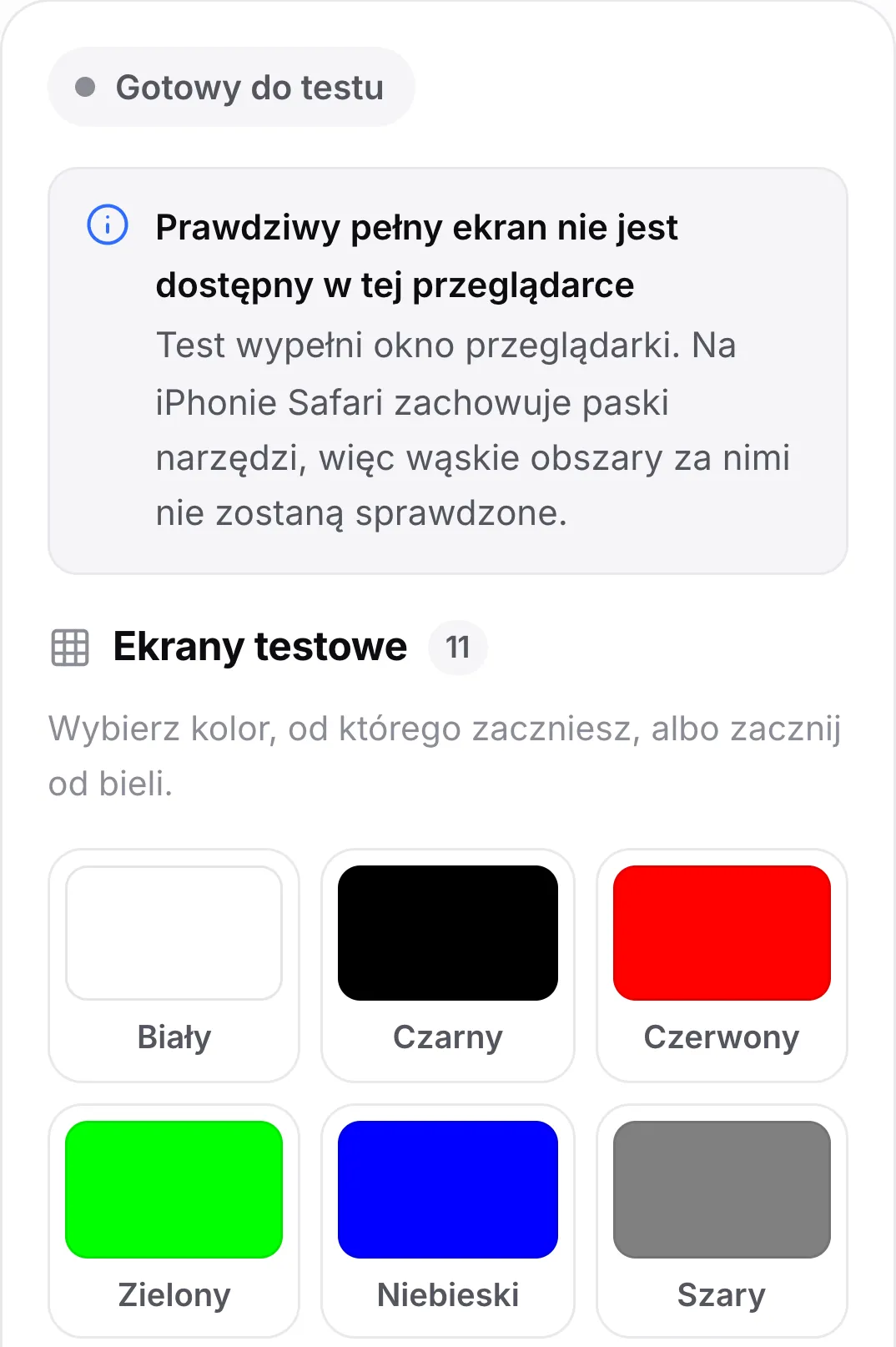 Test martwych pikseli na iPhonie z komunikatem „Prawdziwy pełny ekran nie jest dostępny w tej przeglądarce” nad próbkami kolorów