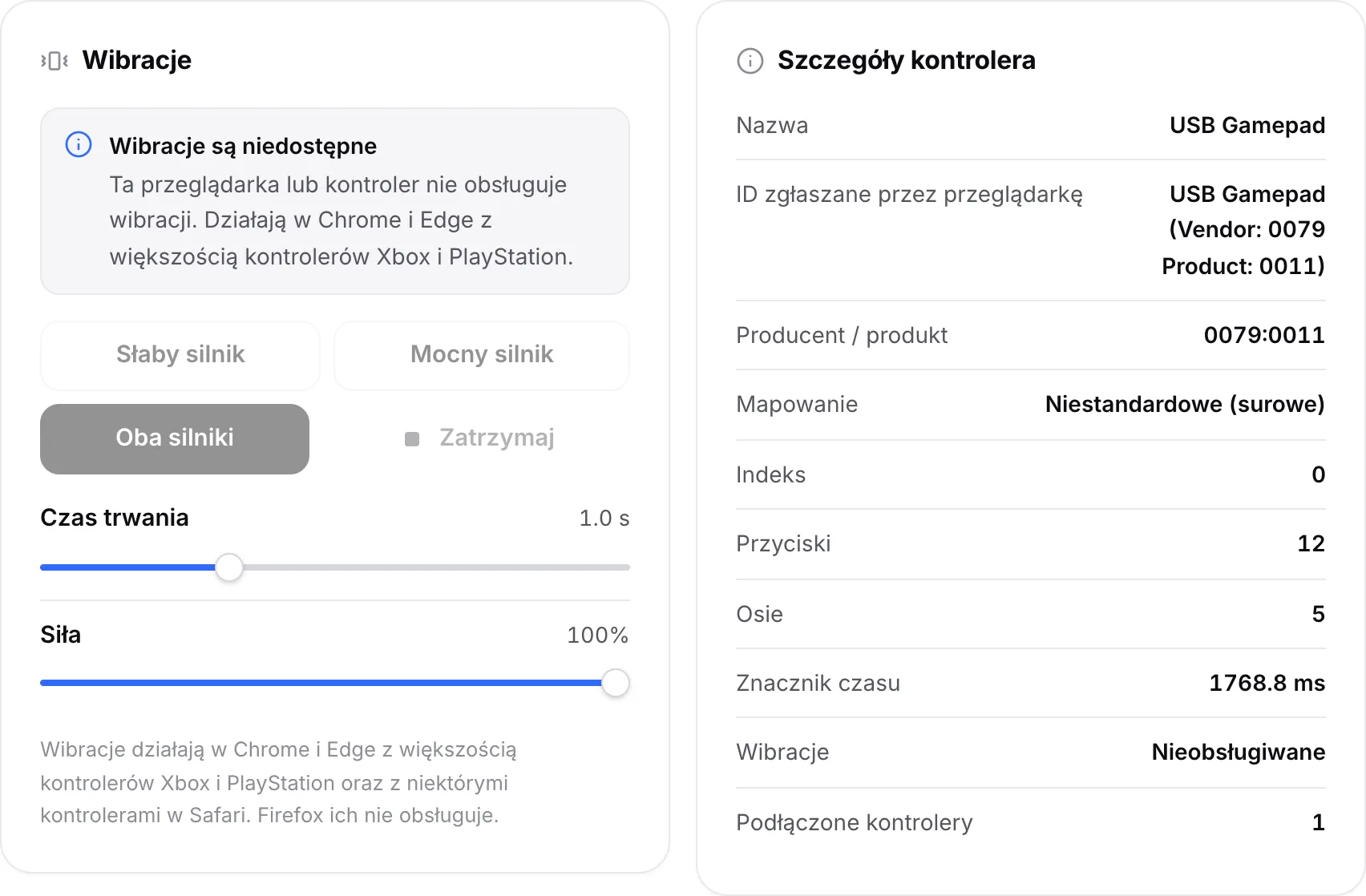 Panel Wibracje z komunikatem „Wibracje są niedostępne” i wyłączonymi przyciskami silników; Szczegóły kontrolera pokazują Wibracje: Nieobsługiwane