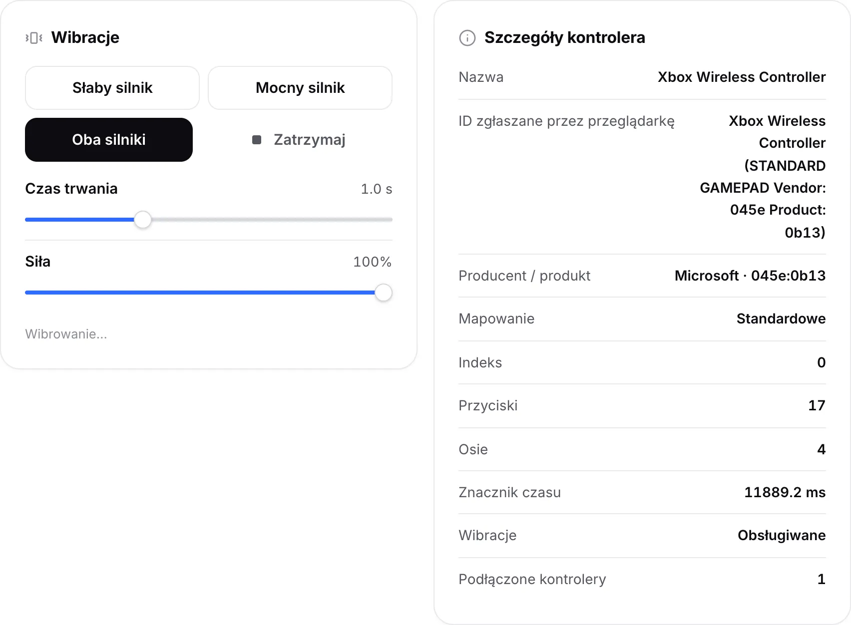 Panel Wibracje z przyciskami silników i suwakami obok panelu Szczegóły kontrolera pokazującego nazwę, ID, producenta i mapowanie