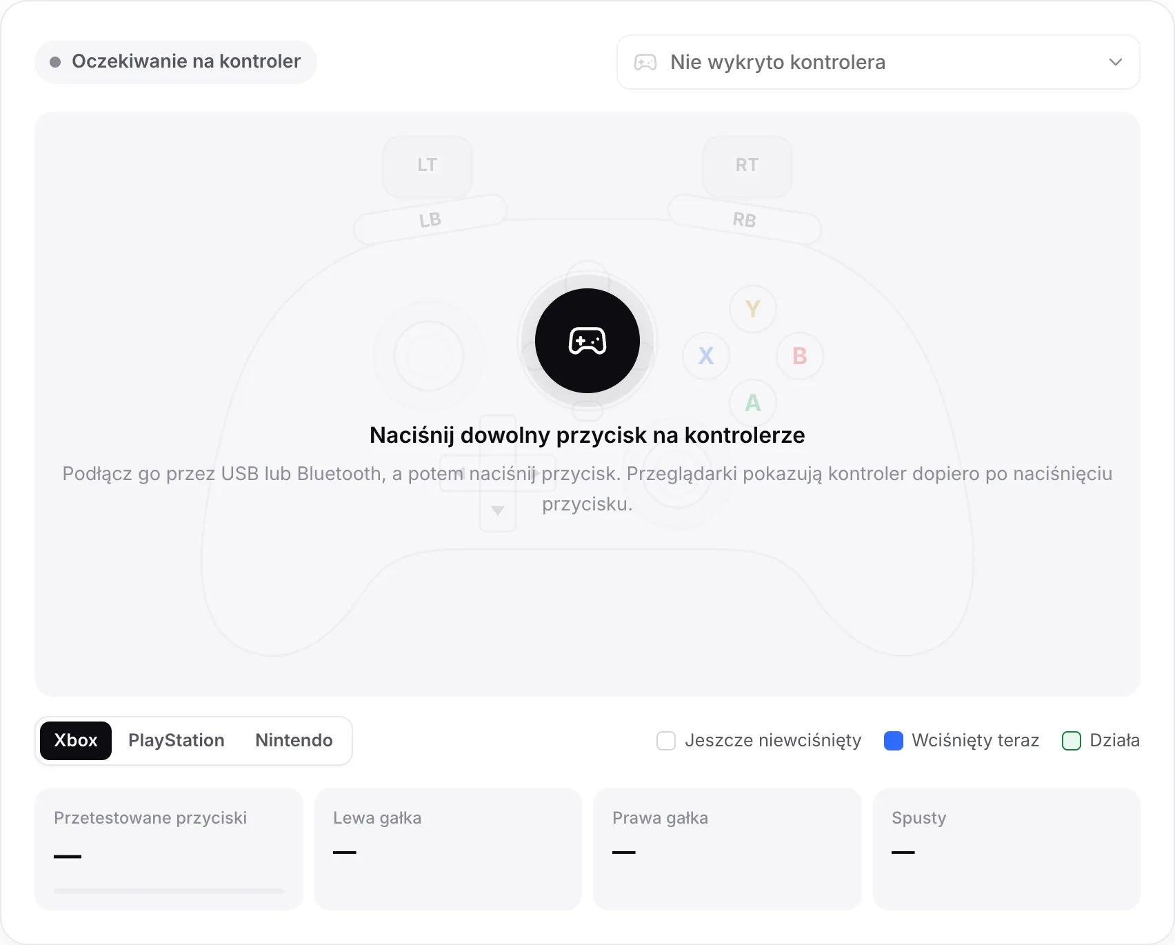 Tester gamepada czekający na kontroler, z komunikatem „Naciśnij dowolny przycisk na kontrolerze”