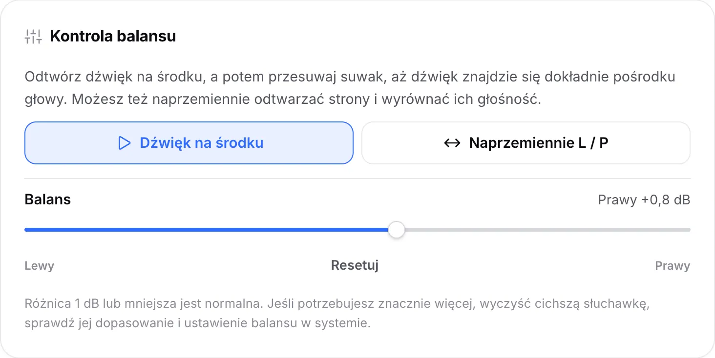 Kontrola balansu odtwarzająca dźwięk na środku, z suwakiem balansu przesuniętym na Prawy +0,8 dB
