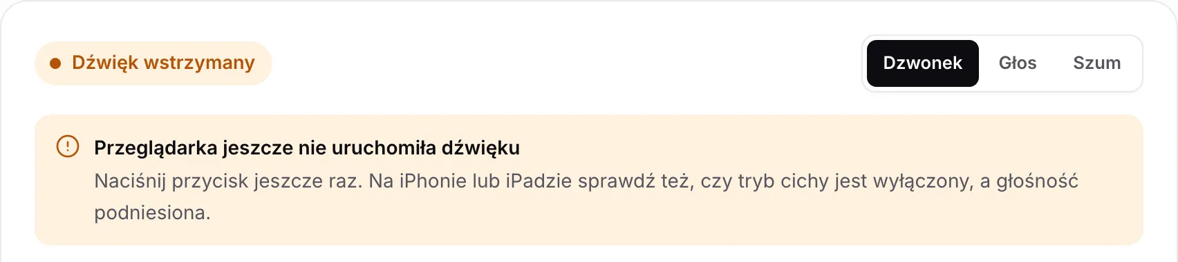 Test słuchawek z pomarańczowym statusem „Dźwięk wstrzymany” i komunikatem „Przeglądarka jeszcze nie uruchomiła dźwięku”