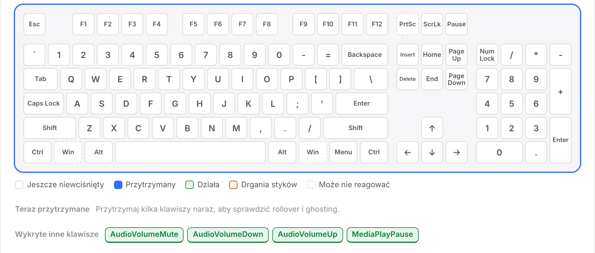 Rząd F nadal biały, a AudioVolumeMute, AudioVolumeDown, AudioVolumeUp i MediaPlayPause wymienione w Wykryte inne klawisze