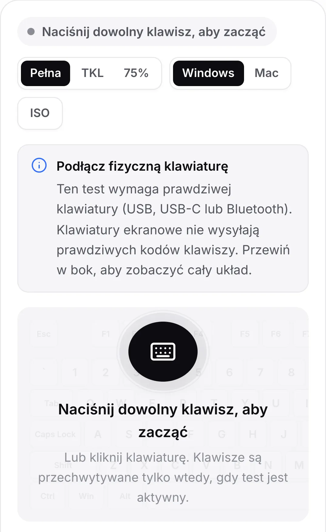 Test klawiatury na telefonie z komunikatem „Podłącz fizyczną klawiaturę”