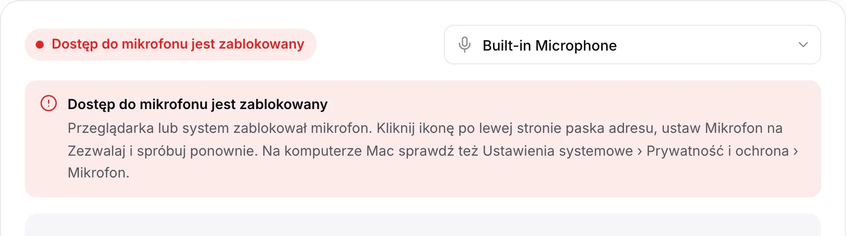 Test mikrofonu z czerwonym komunikatem „Dostęp do mikrofonu jest zablokowany” i instrukcją